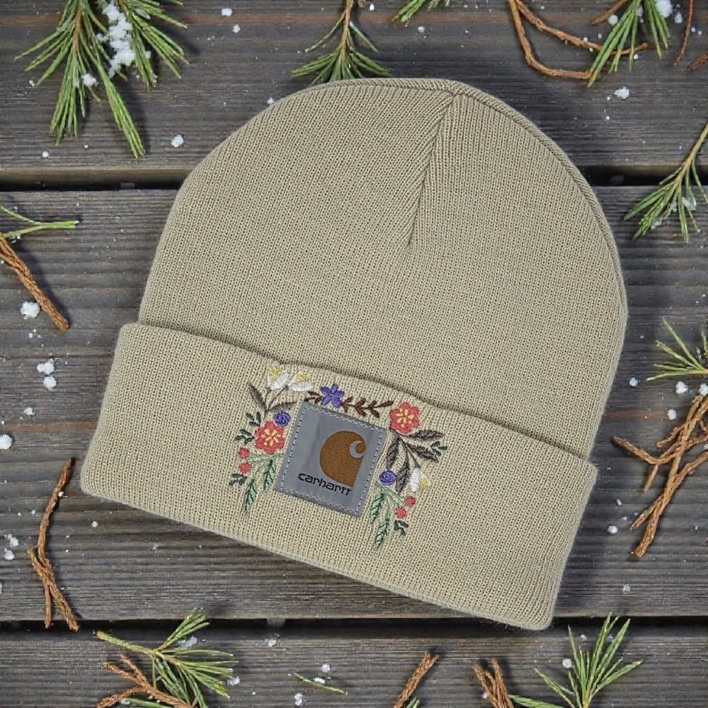Carhartt Tan Beanie with Floral Embroidery